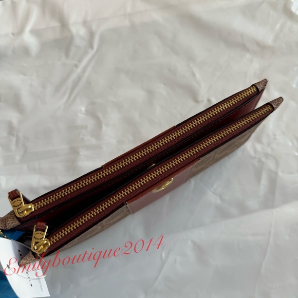 NWT Coach CC965 Double Zip In Signature Canvas Tan Rust Clutch Wallet Wristlet - Picture 6 of 8